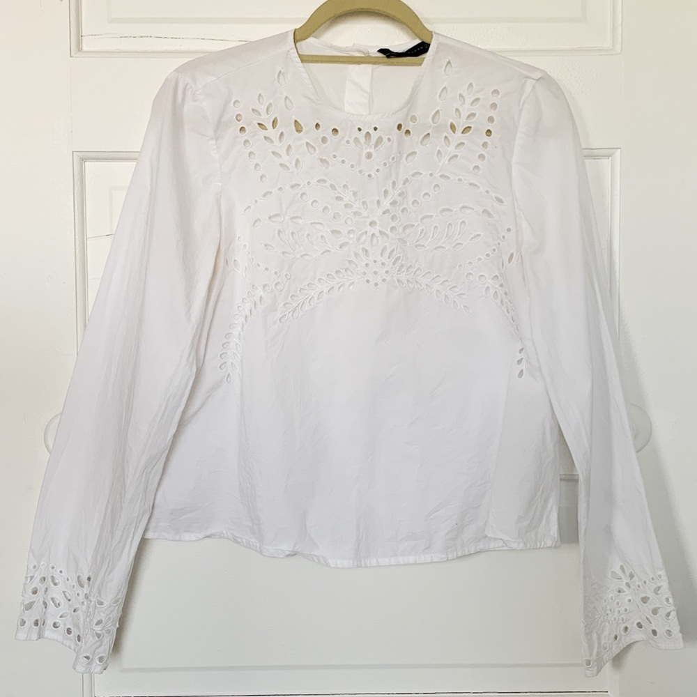 Zara White Embroidered Poplin Blouse
